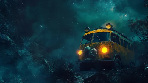 Rustic yellow van on rocky night road under starry sky.