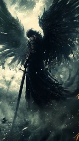 Dark winged warrior descending through stormlight haze.