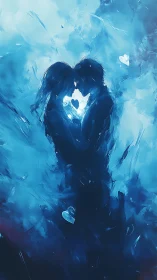 Silhouetted Embrace Within Luminous Blue Atmospheric Composition