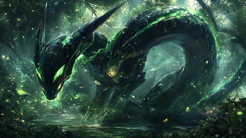 Bioluminescent cyber dragon coils through dense emerald forest