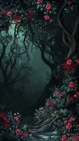 Dark Forest Path with Pink Roses.