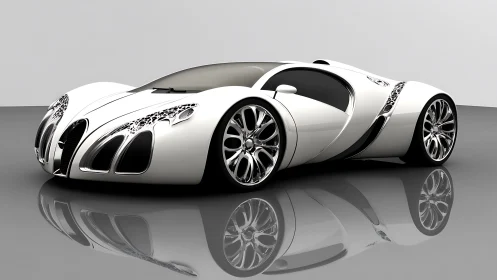 Rendered white concept coupe is positioned on reflective floor