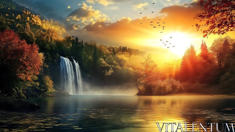 Sunlit waterfall sanctuary wrapped in glowing autumn quiet.