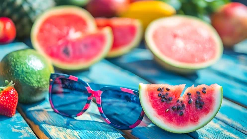 Photorealistic summer still life with watermelon accents on teal.