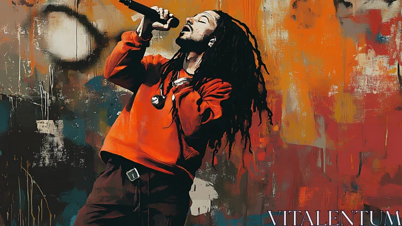 Vocalist with dreadlocks on abstract graffiti stage backdrop.