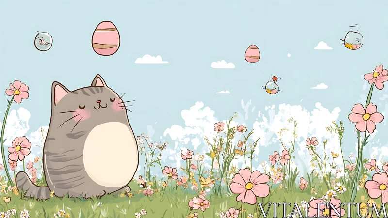 Plump meadow cat dreams beneath floating eggs and birds.