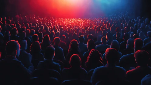 Digital painting of cinematic audience in red blue backlight.