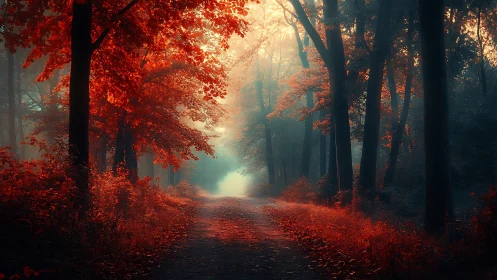 Autumn Forest Pathway with Volumetric Atmospheric Lighting and Saturated Foliage