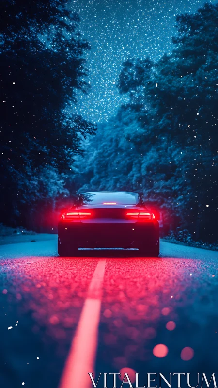 Sports car on neon road beneath glowing starry sky.