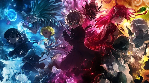Elemental anime warriors ignite a chromatic battlefield storm.