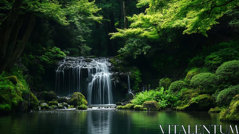 Forest waterfall pours into still mossy pool at dusk
