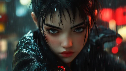 Neon-soaked vigilante girl under rain in cyberpunk alley.