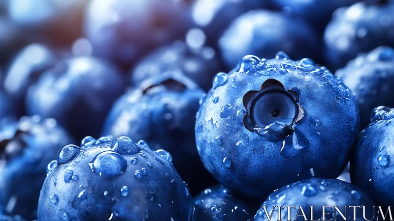 Glowing fresh blueberries glisten with dew in vivid closeup