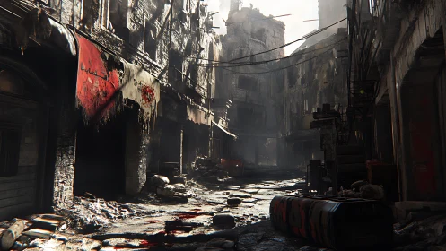 Postwar urban alley in ruin with dramatic volumetric light.