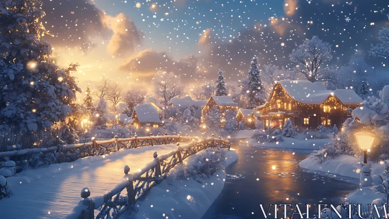 Snowy village bridge under golden winter twilight glow.