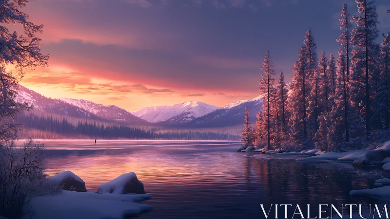 Winter dawn whispers over a rose-lit alpine lake horizon.