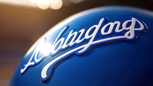 Shallow depth of field closeup shows embossed Dodgers helmet logo