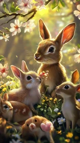 Digital painting of spring meadow rabbits in soft backlight.