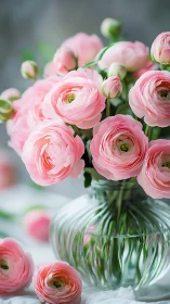 Pink ranunculus flowers displayed in clear glass vase with buds.