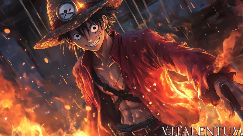 Straw hat anime pirate in flames with intense stance.