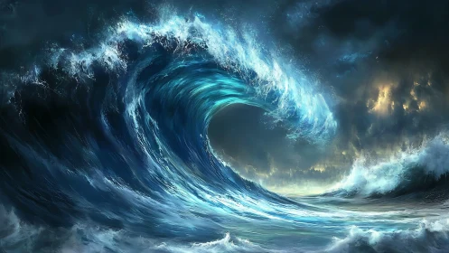 Luminescent storm wave vortex under turbulent twilight sky.