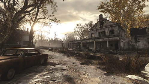 Post-apocalyptic roadside ruin under low-contrast backlit sky
