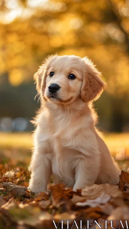 Golden retriever puppy sits in autumn leaves under warm bokeh