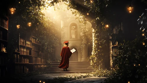 Graduate in enchanted library hallway under golden light.