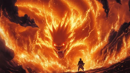 Fiery fox spirit towers over lone warrior in erupting chasm