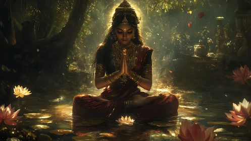 Ornate meditative goddess in lotus pose amid volumetric water light