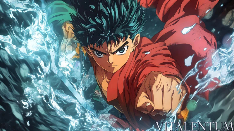 Dynamic anime fighter generating directional water energy wave