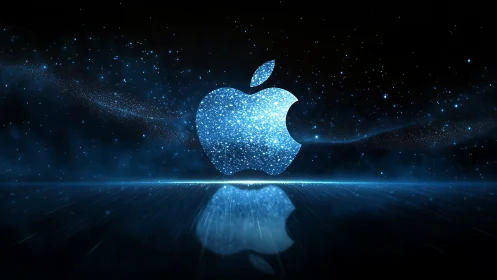 Glittering particle apple logo rendered in deep space environment