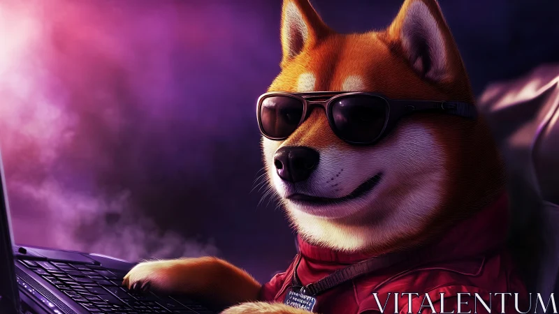 Cool shiba inu wearing sunglasses types on laptop