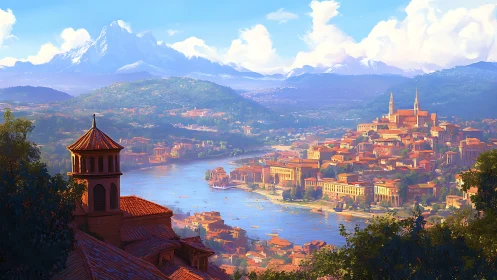 Sunlit river city below snowcapped mountain range panorama.