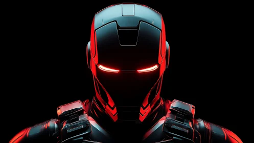 Midnight combat exosuit crowned in neon crimson silence.