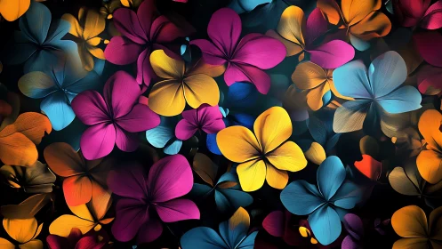 Layered 3D digital flowers with vibrant magenta, yellow, blue, and orange petals