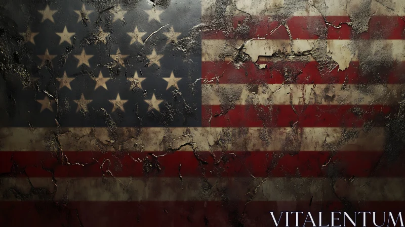 Weathered American flag with corroded distressed surface.
