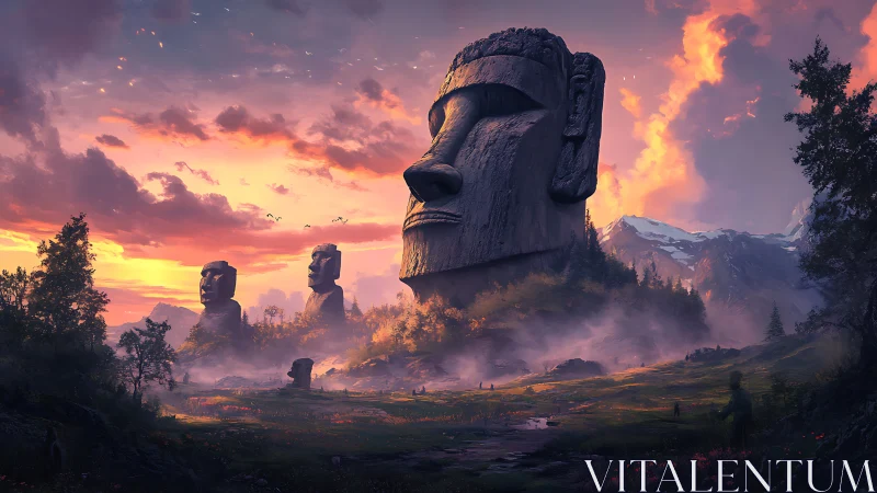 Colossal stone heads stand in a misty valley at sunset