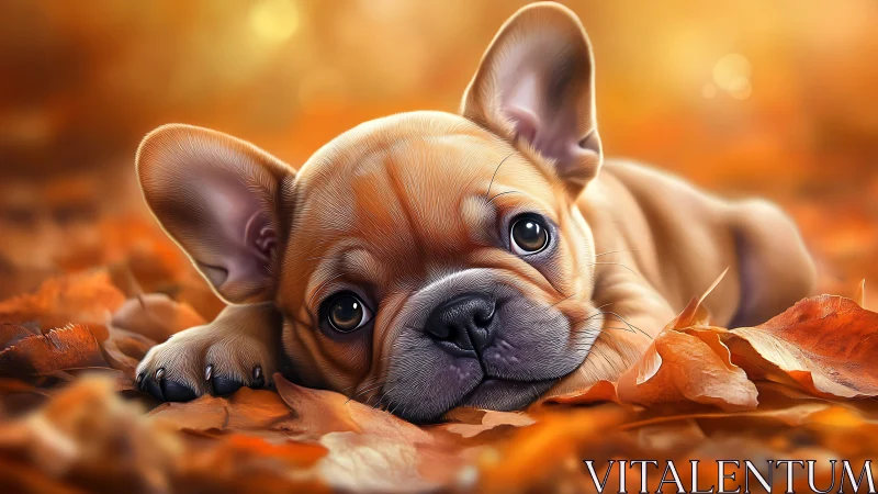 Digital painting study of French bulldog puppy in autumn leaves.
