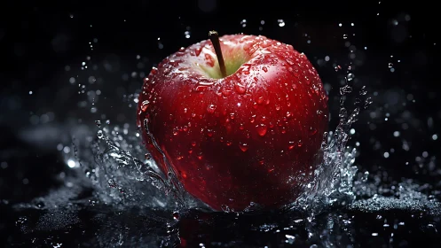 Crisp red apple splashing joyfully through cool water.