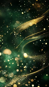 Gold particle trails on dark green abstract background.