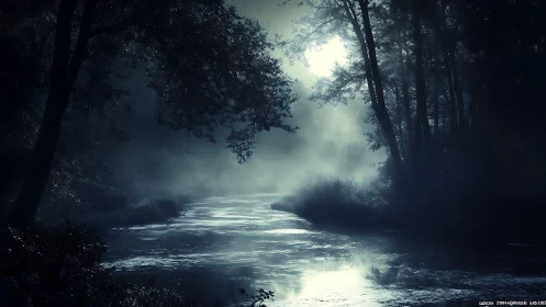 Moonlit forest river under misty night atmosphere.