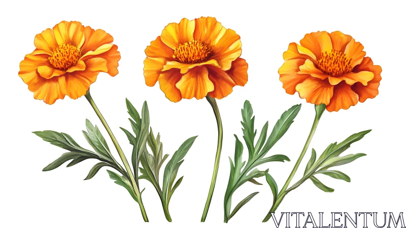 Botanical study of three orange marigold blooms in profile