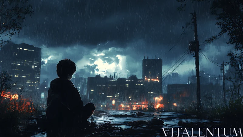 Rain-drenched dreamer studies a storm-lit neon city edge