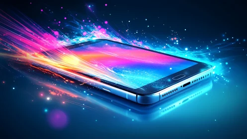 Explosive neon energy streams bursting from smartphone screen.