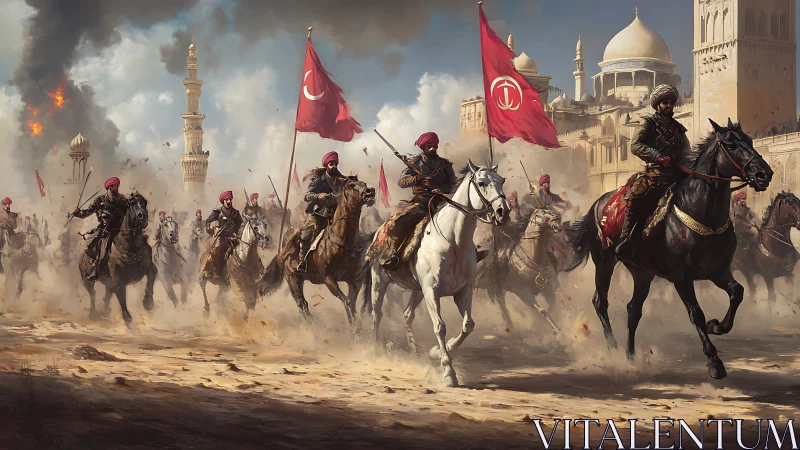 Crimson banners charge through desert smoke and domes.