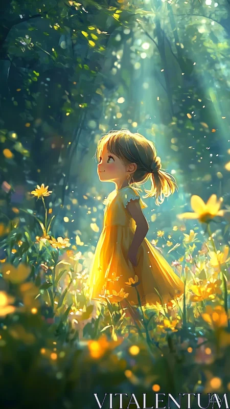 Sunlit girl in yellow dress amid glowing wildflower meadow.