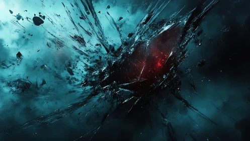 Shattered crystalline void core with red energy rupture field