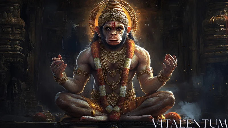 Simian sage in molten gold armor breathes quiet thunder