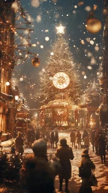 Crowd gathered around illuminated city Christmas tree.